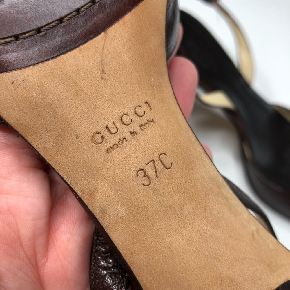 VINTAGE Gucci Leather Chocolate Brown Square Toe Slingback Designer Luxe Heels - Picture 14 of 16